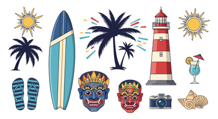 Tropical paradise vacation with surfing, cultural masks and iconic landmarks illustration