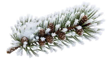 A snowy pine branch with pinecones, captured in a close-up studio shot, symbolizing winter and the holiday season