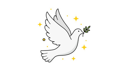 Minimalist illustration of a flying white dove carrying an olive branch surrounded by stars