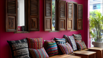 Colorful Pillows on Wooden Bench with Pink Wall and Rustic Shutters