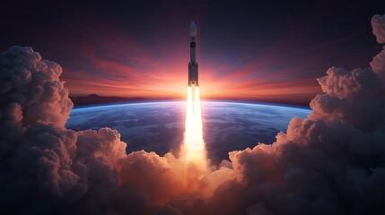 Powerful Rocket Launching into the Atmosphere with Bright Flames Igniting the Sunset Sky Above Earth