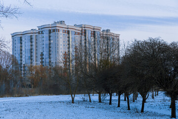 winter living district park zone multi apartment building snowy frosty environment space