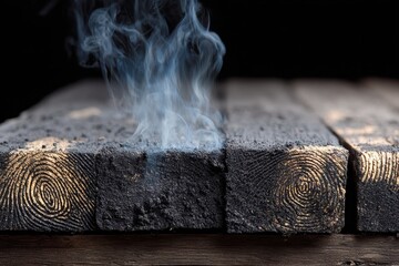 Charred Wooden Fingerprint Emitting Smoke with Close up Detail