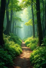 Fototapeta premium Lush Green Trails Embracing Dense Vivid Forests Wilderness Adventure Serenity Flora