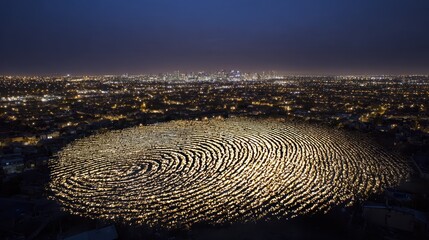 Glowing drone lights form a fingerprint over a city at night