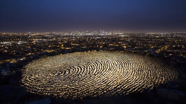 Glowing drone lights form a fingerprint over a city at night
