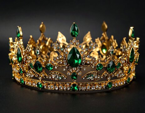 Ornate gold crown adorned with emerald and clear gemstones, isolated on black