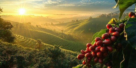 Beautiful landscape coffee plantation rows plants red beans or farm