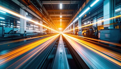 Naklejka premium High-speed motion blur in a modern factory shows industrial automation, fast production, and futuristic technology in manufacturing, innovation, and smart industry.