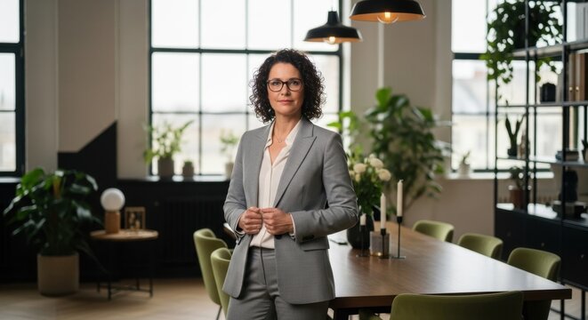Confident woman in her 40s wearing a tailored light gray suit stands in a modern office with natural light, exuding professionalism and approachability.