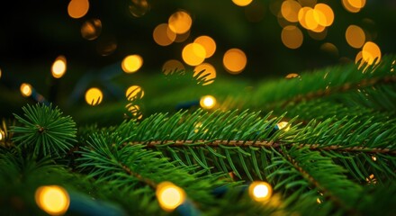 Close-up of lush green pine needles with glowing golden fairy lights, creating a warm, cozy festive atmosphere with soft bokeh lighting.

