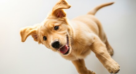 Playful golden retriever puppy with tilted head and curious eyes against a soft white background, radiating warmth, joy, and innocence.