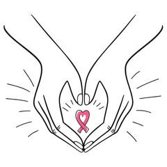 Open hands gently protecting a pink heart ribbon with radiating lines on transparent background