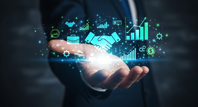 Digital Hand Holding Business Icons and Symbols. - Powered by Adobe