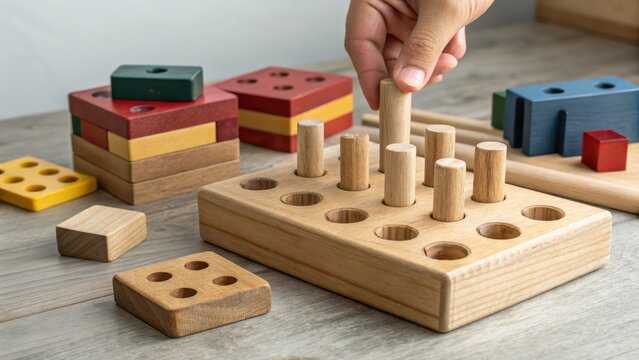 Hand inserting a wooden peg into a matching hole on a toy board
