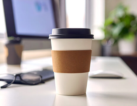A single takeaway coffee cup with a sleeve, on an office desk. A concept for a work break, morning coffee, or a busy business environment. Generative AI