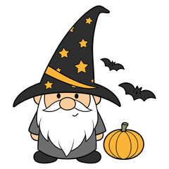 Adorable cartoon gnome with a tall witch hat stands beside bats and pumpkin is transparent
