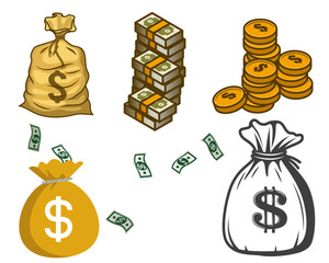 Money Bag, Banknotes, and Gold Coins Collection