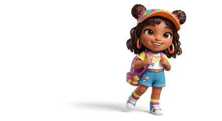 "Smiling cartoon girl holding a small backpack, wearing bright favela-style clothes, detailed hair and facial features, isolated on white background"