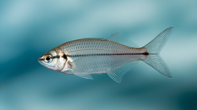 A silver hatchetfish swimming gracefully in a clear aquarium, showcasing its unique body shape and transparent fins against a blue background