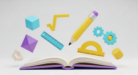 Educational Math Symbols and Tools Floating Above an Open Book