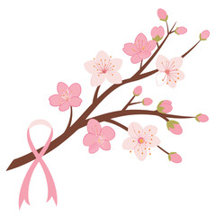 Pink ribbon rests delicately beside a flowering cherry branch full of pink blossoms