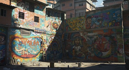 "Vibrant street art on favela walls, large colorful murals, community artists painting, spray cans and ladders, detailed textures, sunlight casting shadows"