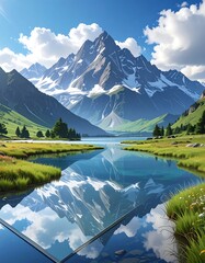 Serene mountain lake reflecting a majestic peak under a bright sky