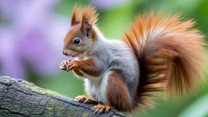 A red squirrel perched on a mossy branch, showcasing its bushy tail and adorable features in a natural setting with a blurred background of greenery