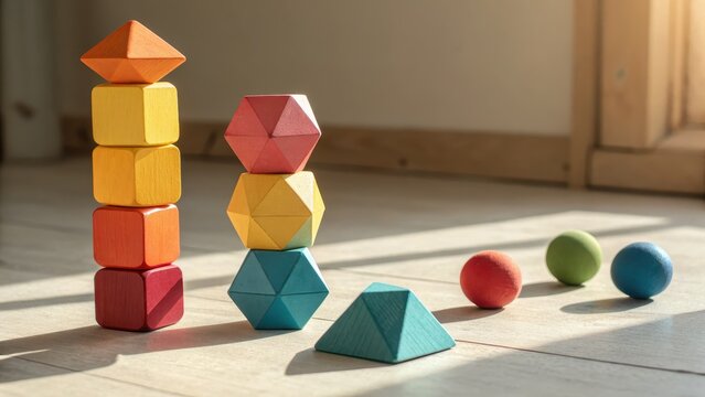 Colorful geometric wooden shapes stacked for creative play