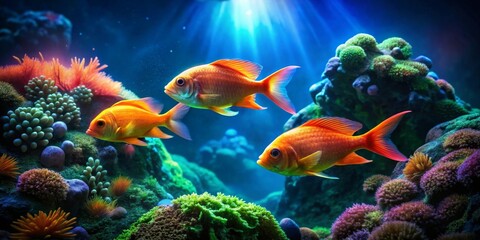 Obraz premium Vibrant orange fish gracefully swim amidst a breathtaking underwater coral reef, illuminated by a radiant beam of sunlight penetrating the depths