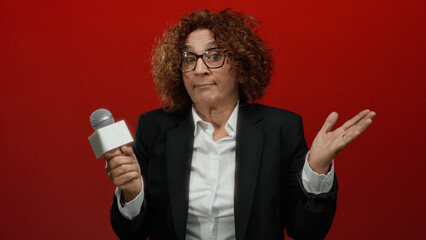 Brunette hispanic woman reporter with microphone stands against an isolated red background...