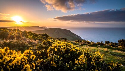 Scenic sunset over coastal hills