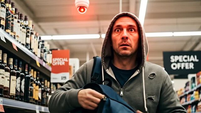 Man stealing alcohol in a supermarket with a security camera watching.