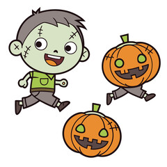 Happy monster kid runs with two pumpkins on a transparent background smiling widely