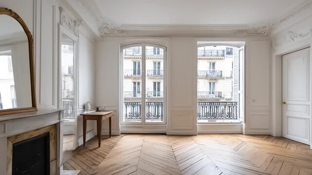 A spacious, elegant Parisian apartment interior showcases intricate details and a view of the city.