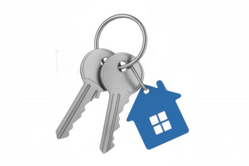 House keys with blue home shaped keychain representing real estate, property, and new home ownership