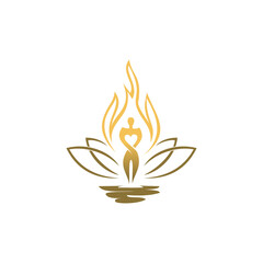 Golden yoga pose in lotus flower with flame above, on water.