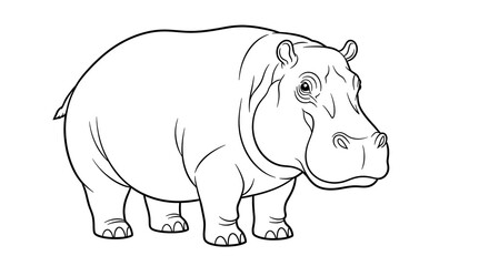 Simple line art hippo illustration with black strokes and minimal details, perfect for coloring book pages and clipart designs.