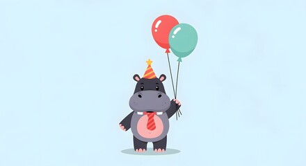 Cute hippo cartoon illustration holding balloon, ideal for birthday cards