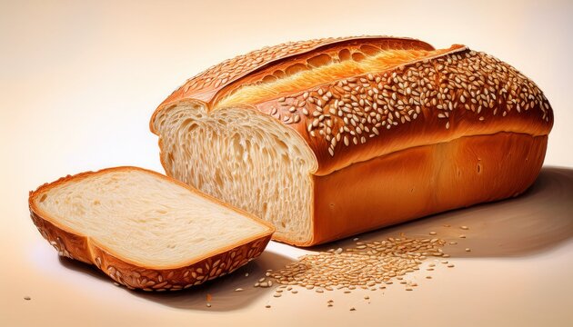 Illustration Of A Loaf Of Sesame Seed Bread With A Cut Slice