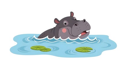 Cartoon hippo clipart in pond water surrounded by lily pads