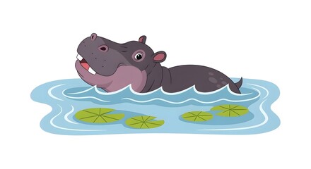 Adorable hippo illustration in water with simple waves and lily pads, ideal for nursery prints, posters