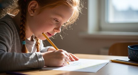 Obraz premium A young girl with braids concentrates on drawing with a yellow pencil, sitting at a desk in natural sunlight.