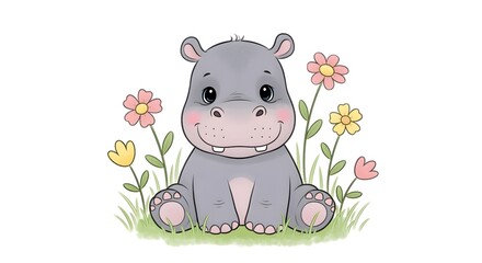 Cartoon hippo surrounded by flowers and grass, suitable for fun educational materials