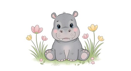 Cute baby hippo artwork with floral and grass motifs, perfect for nursery designs, posters, and playful projects