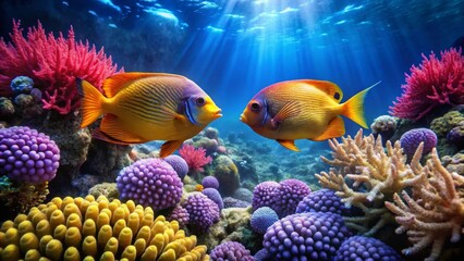 Fototapeta premium Vibrant Reef Scene Two Golden Fish Face Each Other Amidst a Colorful Coral Garden, Bathed in Sunlit Ocean Depths