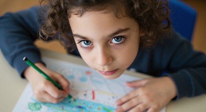 A child with curly hair and bright blue eyes draws with a green pencil, looking attentively at the camera while sitting at a desk.