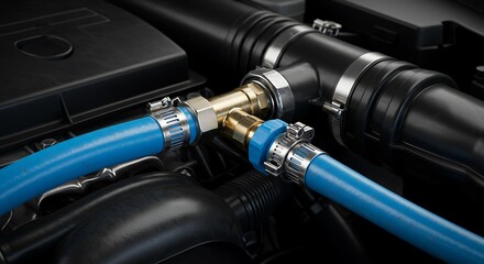 Engine Hose Connection: Blue Hoses and Brass Fittings