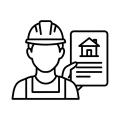 Line icon of a builder holding a house plan or building permit for a construction project